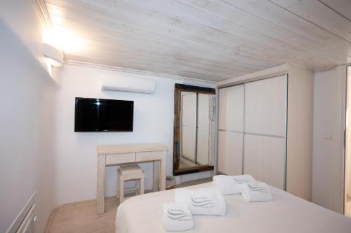 a bedroom with two beds and a tv on the wall at Blue, White and Grey Suites in Ornos