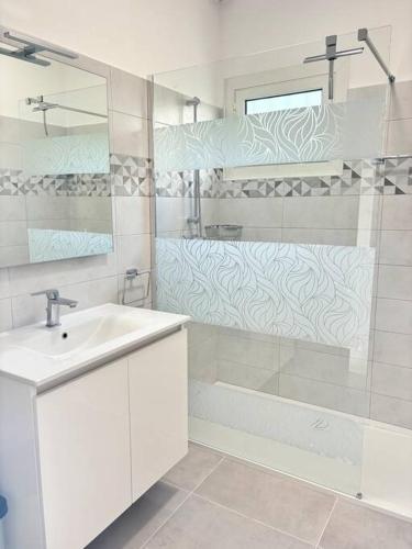 une salle de bain blanche avec un lavabo et une douche dans l'établissement Charmant T3 Rénové Proche Mer, Aéroport et Gare !, à Saint-Laurent-du-Var