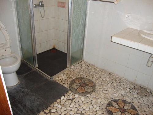 a bathroom with a shower and a toilet at Gusti Home Stay Ubud in Ubud