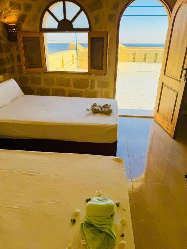 two beds in a room with a view of the desert at Pidgeon Lodge - Tunis Village in Tunis
