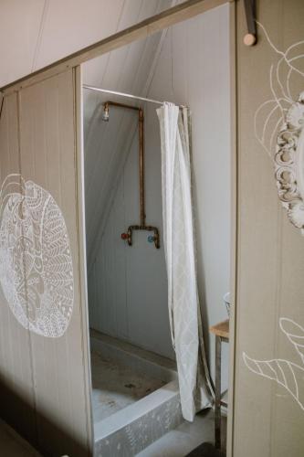 a bathroom with a shower with a shower curtain at White Linen Guesthouse in Tierpoort