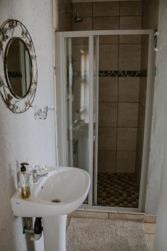 a bathroom with a white sink and a shower at White Linen Guesthouse in Tierpoort