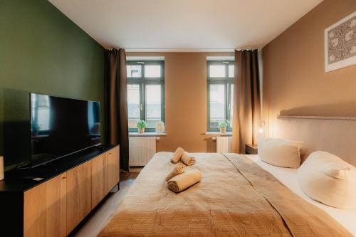 una camera con un grande letto e una TV a schermo piatto di Luga Homes - Karli a Lipsia