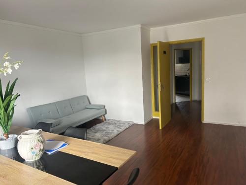un salon avec un canapé et une table dans l'établissement Agréable Chambre Confortable, à Asnières-sur-Seine