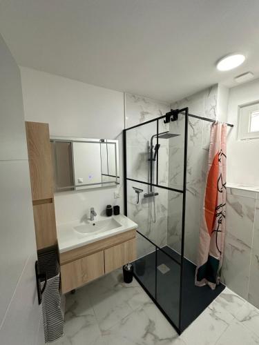 une salle de bain avec un lavabo et une douche en verre dans l'établissement Villa ISKA - 6Velos-Calme-Piscine-Moderne-Centre-Port-Plages, à La Tremblade