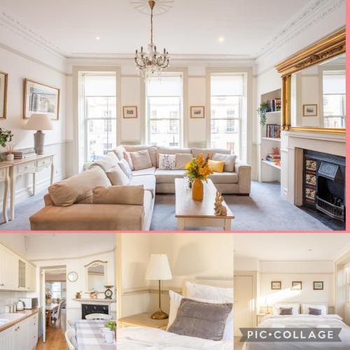 a living room with a couch and a fireplace at City Centre Stunning House-Roman Baths - 3min walk - 4 Bedrooms in Bath