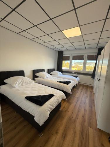three beds in a room with wooden floors at ENSAS rooms in Koblenz