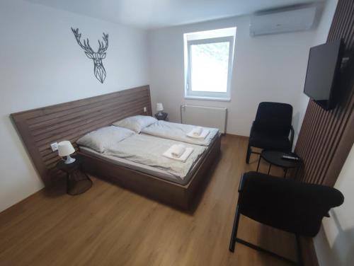 a bedroom with a bed and two chairs and a television at apartmánový dom rodiny BÖJTÖS Patince in Virthova Pustatina