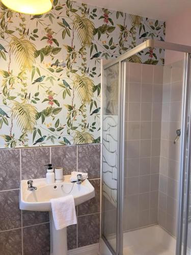 a bathroom with a sink and a shower at LILY'S LODGE - Beautiful Central Buncrana Home in Buncrana