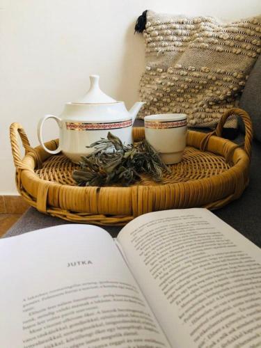 a wicker basket with a tea pot and a book at Repülőhal Apartmanház in Zebegény
