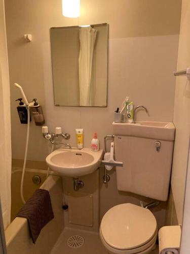 a bathroom with a toilet and a sink and a mirror at JKhouse4 in Fukuoka