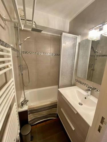 une salle de bain avec une douche, un lavabo et une baignoire dans l'établissement Appartement au pied des pistes, à Puy-Saint-Vincent