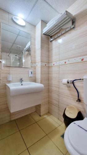 a bathroom with a sink and a mirror and a toilet at Hotel Fortuna in Eforie Nord
