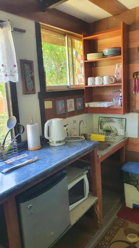 a kitchen with a counter top with a microwave at Refugio campestre a 7min de Osorno in Osorno
