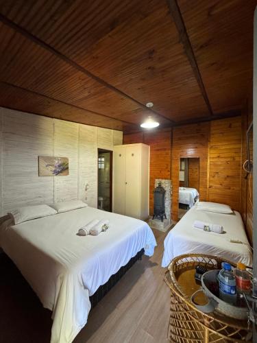 two beds in a room with wooden walls at Refúgio dos Platanus in Campos do Jordão