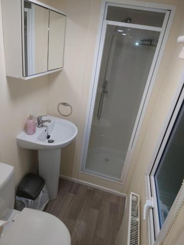 a bathroom with a shower and a sink and a toilet at 3 bedroom caravan 14 kingsgate in Shanklin