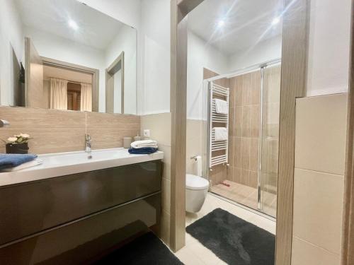 a bathroom with a sink and a toilet and a shower at Appartamento Giulio in Cannobio