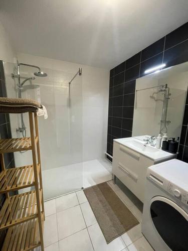 une salle de bain avec douche et lavabo et une machine à laver dans l'établissement Appartement belle escale, à Dunkerque