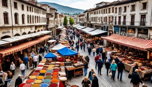 a crowd of people walking through an outdoor market at CENTRAL ROOMS WITH GREAT VIEW shared bathroom no parking in Skopje