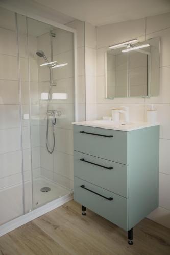 une salle de bain blanche avec un lavabo et une douche dans l'établissement Le Montarrouye Appartement pour 2 à 6 personnes, à Bagnères-de-Bigorre