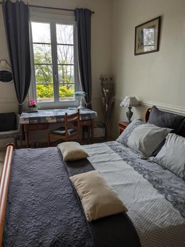 une chambre avec deux lits et un bureau et une fenêtre dans l'établissement La Roche Bellevue, à Luynes