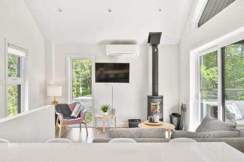 a living room with couches and a fireplace at Le Soren in Sainte Béatrix