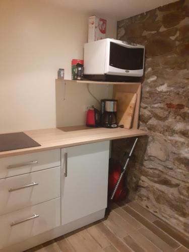 une cuisine avec un four micro-ondes au-dessus d'un comptoir dans l'établissement La hautcsur la colline, à Yzeron