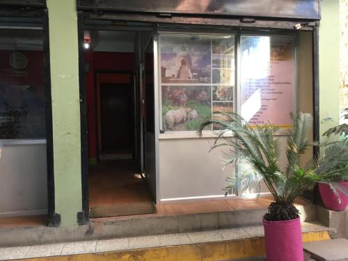 a front door of a building with a potted plant at Pashupati Darshan Hotel in Kathmandu