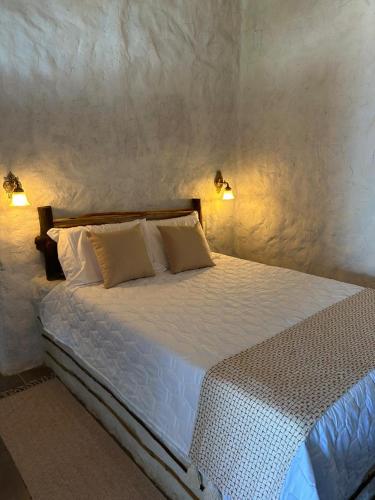 Un dormitorio con una cama con dos luces. en Pousada Villa Kalani, en Timbó