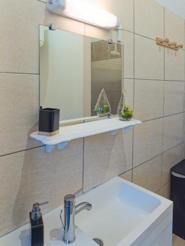 une salle de bain avec un lavabo et un miroir dans l'établissement L'escale cosy - Idéal Pro & Couple - Gare à 5 mn - Wifi - Parking gratuit, à Nogent-le-Rotrou