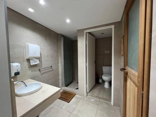 a bathroom with a sink and a toilet at Recoleta - Elite 13th floor apt with rooftop pool in Buenos Aires
