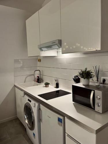 une cuisine avec un évier et une machine à laver dans l'établissement Appartement T2 - Vue Tour Eiffel, à Paris