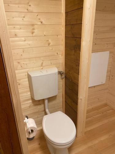 a bathroom with a white toilet in a wooden wall at Gemütliche Blockhütte mit großem Garten in Ried im Innkreis