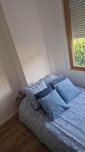 - un lit avec des oreillers bleus dans une chambre avec une fenêtre dans l'établissement Ete Nice, à Nice