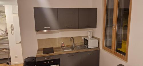 une cuisine avec un évier et un micro-ondes dans l'établissement Ville nice, à Nice