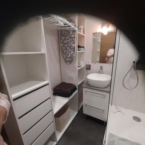 - une petite salle de bains blanche avec lavabo et miroir dans l'établissement T2 climatisé en centre ville, à Perpignan