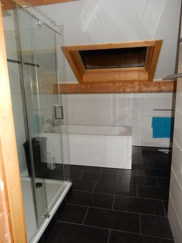 a glass shower in a bathroom with a black tile floor at Vakantievilla Värmland, Zweden in Filipstad