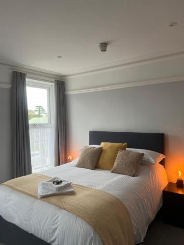 a bedroom with a large bed with a window at Brynhyfryd Guest House in Cardigan