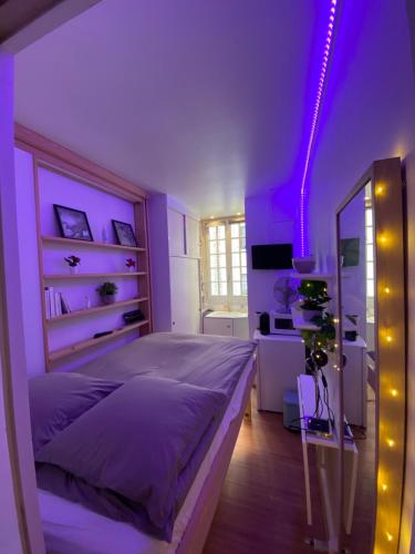 - une chambre violette avec un grand lit et un bureau dans l'établissement Cute little apartment, à Neuilly-sur-Seine