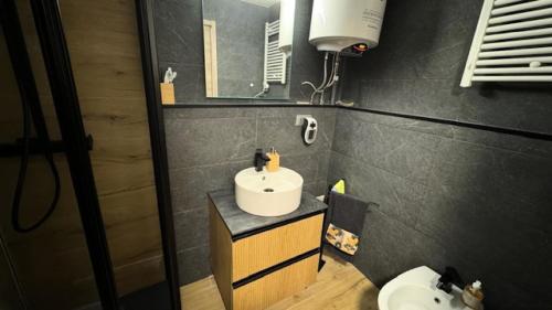 une salle de bain avec un lavabo et des toilettes dans l'établissement Résidence Chamoisiere - Joli studio proche des pistes et des commerces. Parking MAE-7401, à Montgenèvre