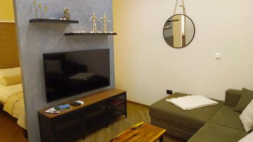 a living room with a flat screen tv and a couch at Eden Spa Apartman in Arandjelovac