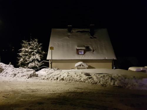 a house is covered in snow at night at Ferienwohnung Michelle mit Balkon für 1 - 6 Personen in Warmensteinach