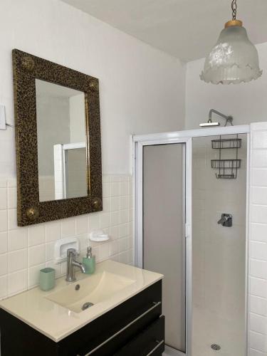 a bathroom with a sink and a mirror and a shower at Luna Menguante in Monterrey