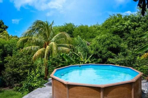 una bañera de hidromasaje en un jardín con árboles en Tout confort à proximité de tout, en Case-Pilote