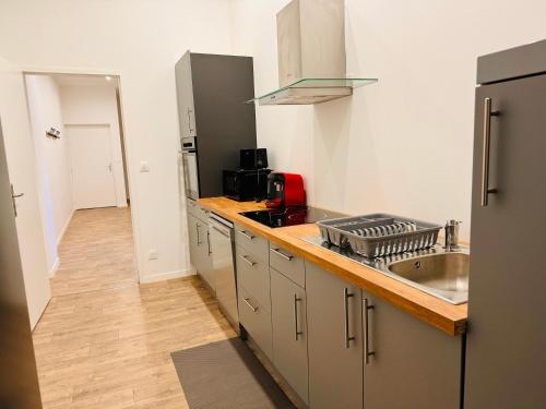 une cuisine avec un évier et un plan de travail dans l'établissement Appartement Jéroboam, à Châlons-en-Champagne