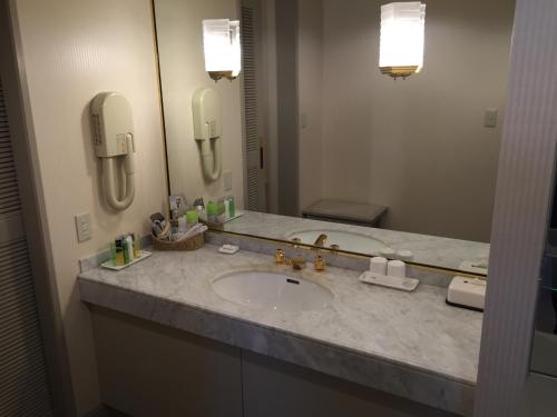 a bathroom with a sink and a large mirror at Hotel New Omi in Omihachiman