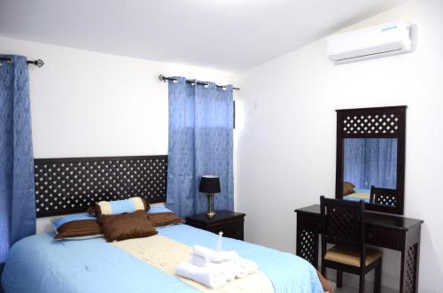 1 dormitorio con cama, escritorio y espejo en Hotel Baltsol en Managua
