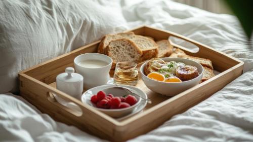 un vassoio con prodotti per la colazione su un letto di La Locanda a Livigno