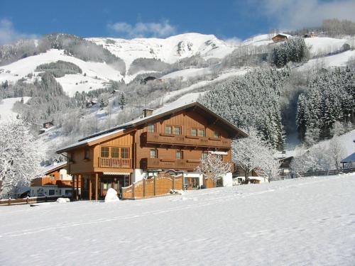 a log cabin in the snow with mountains in the background at Appartement-Pension Fahrnberggut in Rauris