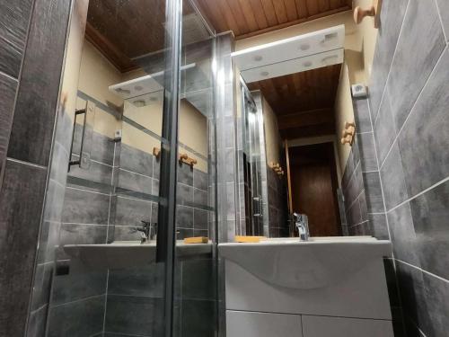 une salle de bain avec un lavabo et un miroir dans l'établissement Appartement 6 pers, 2 ch, Animaux admis, Parking, Balcon exposé Sud - FR-1-263-540, à Valloire